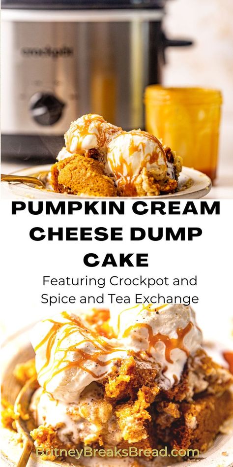 pumpkin cream cheese dump cake in a bowl with ice cream and caramel. Pumpkin Dump Cake With Cream Cheese, Pumpkin Lava Cake Crock Pot, Slow Cooker Pumpkin Spice Lava Cake, Pumpkin Dump Cake Recipe With Spice Cake Crock Pot, Crock Pot Dump Desserts, Pumpkin Dump Cake Slow Cooker, Crockpot Pumpkin Dessert Recipes, Pumpkin Apple Spice Dump Cake, Pumpkin Cobbler With Spice Cake