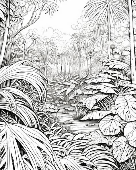 Tropical Rainforest Drawing, Jungle Drawing Sketches, Rain Forest Drawing, Jungle Doodle, Jungle Art Tropical, Jungle Sketch, Fluffy Black Cats, Drawing Landscapes, Jungle Drawing