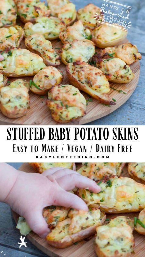 There is actually nothing more tasty in my opinion than a potato (can you tell I’m Irish?) and it is a perfect food to first give your little one. A baby potato makes a great finger food and is easy for them to hold. When filled with vegetables, it becomes a perfect little meal.These little babes are yummy even with the vegan and dairy free substitutions. Enjoy! Dairy Free One Year Old Meals, Dairy Free Weaning Recipes, Baby Friendly Dinner Ideas, Dairy And Egg Free Toddler Meals, Grain Free Toddler Meals, Vegan Baby Recipes, Dairy Free Baby Snacks, Vegan Blw Recipes, Vegan Toddler Recipes