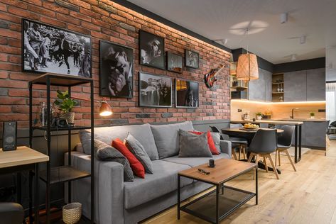 Brick Interior Design, Brick Wall Living Room, Brick Living Room, Brick Interior, Loft Interior Design, Small Apartment Interior, Open Concept Living Room, Loft Interiors, Industrial Interior Design