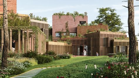 Idea 3452695: Elderly care centre, nursery and neighbourhood park by Oikonomakis Siampakoulis architects in Chania, Greece Elderly Care Center, Clay Bricks, Chania Greece, Neighborhood Park, Public Architecture, Exterior Paint Colors For House, Colorful Space, Healthcare Design, Elderly Care