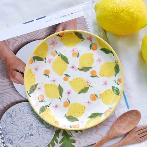 Hand painted porcelain | lemon Lemon Pottery Painting, Lemon Pottery, Clay Cafe, Painting Pottery, Diy Pottery Painting, Lemon Painting, Handmade Ceramics Plates, Mug Pottery, Pottery Painting Designs