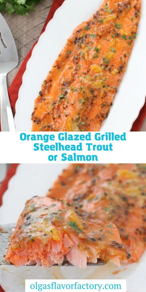 A whole fillet of steelhead trout grilled with an orange glaze that is both sweet, salty and aromatic, with orange marmalade, soy sauce, lime juice, jalapeño, shallot and garlic. Grilled Steelhead Trout Recipe, Steelhead Trout Recipe, Grilled Trout, Onion Dip Recipe, Steelhead Trout, Trout Recipes, Easy To Make Dinners, Best Seafood Recipes, Orange Glaze