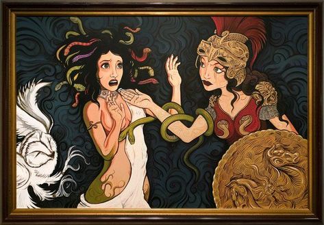 Athena turning Medusa into a monster. Medusa And Athena, Medusa Mythology, Greek Creatures, Ovid Metamorphoses, Medusa Art, Female Monster, Goddess Athena, Turn To Stone, Athena Goddess