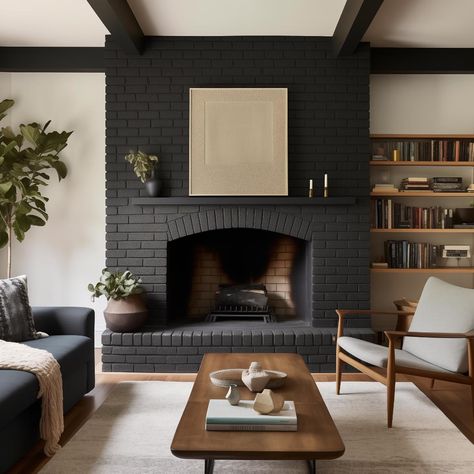 20 Black Brick Fireplace Designs: Striking Ideas To Inspire You Black Brick Fireplace With Wood Mantle, Brick Fireplace Design, Black Brick Fireplace, Red Brick Fireplaces, Georgia House, Painted Brick Fireplace, Painted Brick Fireplaces, Fireplace Wood, Fireplace Designs