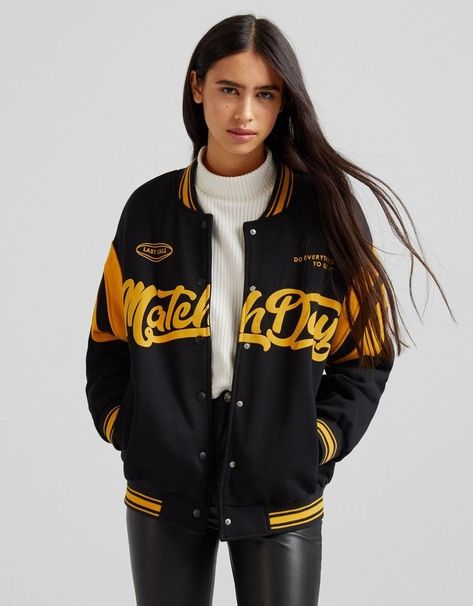 Yellow Varsity Jacket, Varsity Jacket Outfit, Cotton Jackets Women, Varsity Jacket Women, Basic Sweatshirt, Streetwear Fashion Women, Casual Style Outfits, Cotton Jacket, Winter Wear