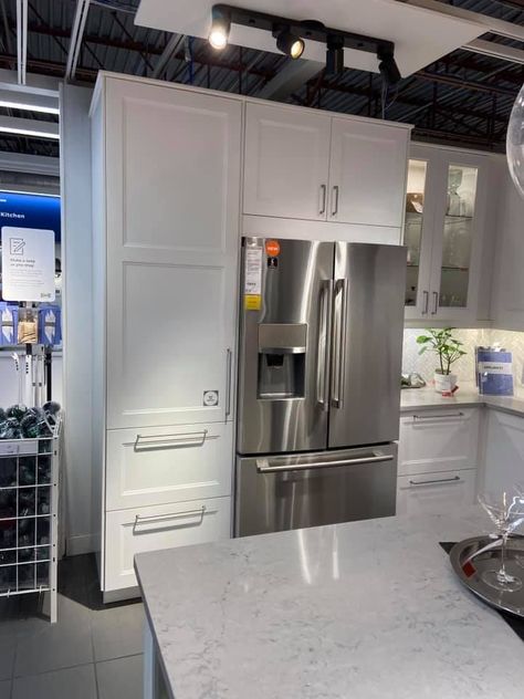 Great idea for cabinets around fridge (ikea) Fridge Between Cabinets, Ikea Fridge Cabinet, Around Fridge Cabinets, Fridge Surround Cabinet, Fridge Cabinet Surround, Diy Fridge Surround, Cabinets Around Fridge, Ikea Fridge, Fridge Cabinets