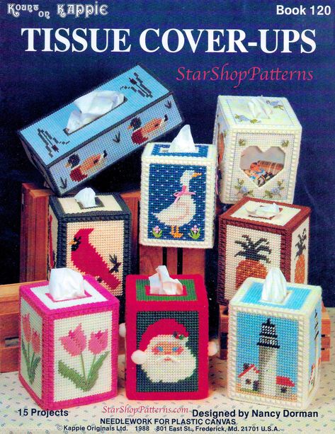 Vintage Tissue Box Cover Plastic Canvas Pattern Book PDF • Plastic Canvas Tissue Box Cover Pattern eBook Santa Christmas Xmas Flower Floral by StarShopPatterns on Etsy Plastic Canvas Tissue Boxes Free Pattern, Plastic Canvas Box Patterns, Plastic Canvas Books, Plastic Canvas Pattern, Tissue Cover, Kleenex Box, Plastic Canvas Tissue Boxes, Needlepoint Stitches, Tissue Box Holder