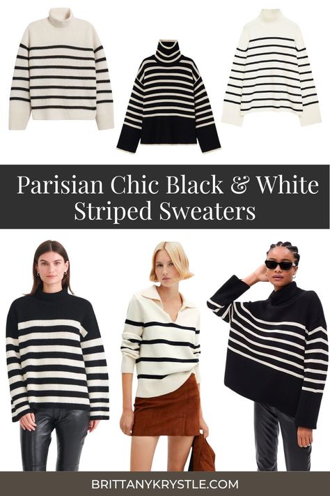 Timeless and versatile, these black and white striped sweaters for women are stylish and flattering. Whether you're looking for an oversized chunky knit or a cozy cashmere crewneck, you'll find chic sweaters for fall, winter, spring, and spring that can be worn with casual outfits, work outfits, brunch outfits and more! Parisian Chic Style Fall, Parisian Chic Style Winter, Classy Parisian Style, Turtleneck Crewneck, Casual Outfits Work, Cropped Sweater Outfit, Striped Sweater Outfit, Striped Sweaters, Parisian Outfits