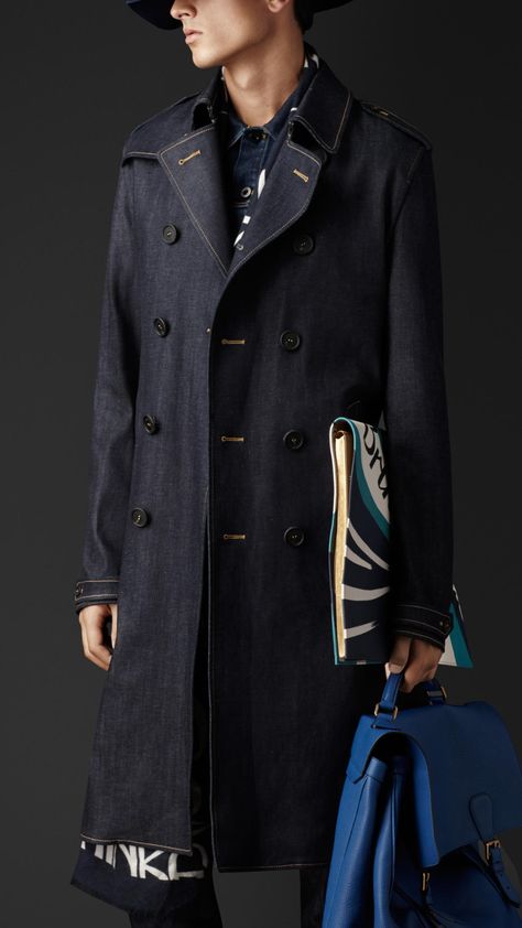 burberry denim trench coat Japanese Selvedge Denim, Denim Trench Coat, Mens Editorial, Mens Fashion Edgy, Mens Fashion Smart, Burberry Trench Coat, Denim Ideas, Trench Coat Men, British Outfits