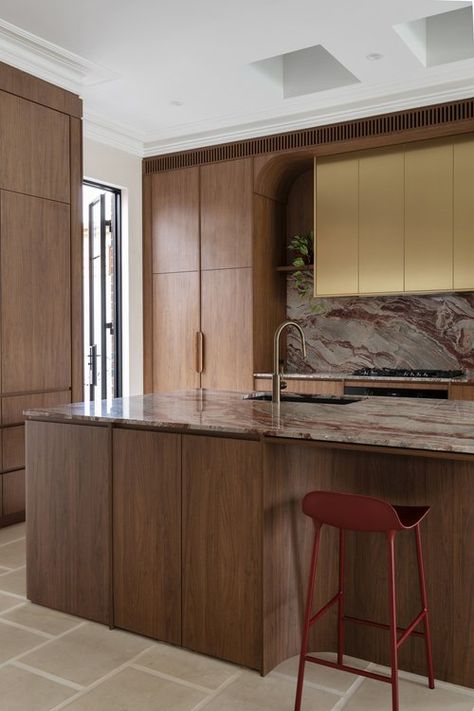 Jess O'Shea Designs | Robinson Street White And Walnut Kitchen, Arch Digest, Walnut Kitchen, Sleek Kitchen, Mid Century Modern Kitchen, Interiors Dream, Mid Century Kitchen, Home Additions, Trendy Kitchen