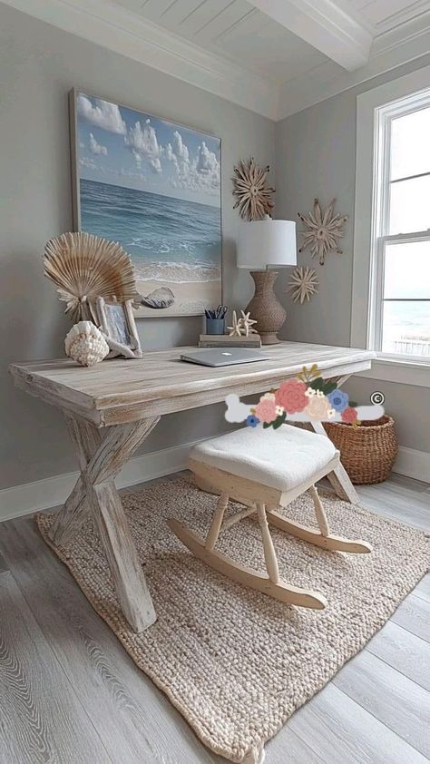 Beachy Decorating Ideas, Room Ideas Beach, Coastal Desk, Beach Desk, Coastal Cottage Decor, Beach Theme Bathroom Decor, Coastal Gallery Wall, Coastal Cottage Decorating, Japanese Home Design