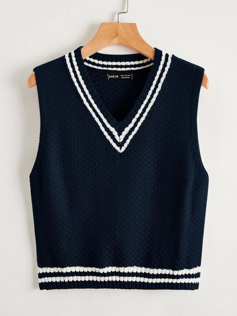 Free Returns ✓ Free Shipping On Orders $49+ ✓. V Neck Striped Pattern Sweater Vest- Women Knit Tops at SHEIN. Knitted Vest Outfit, Pattern Sweater Vest, Sweater Vest Outfit, Aesthetic Sweaters, Shein Sweater, Sleeveless Sweater Vest, Sweater Vests, Vest Designs, Sweater Vest Women