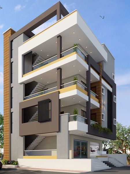 G+3 Elevation Designs 4floor Building Elevation, 4 Unit Apartment Building Plans, 3 Floors Building Elevation Modern, Apartment Exterior Design, Small Apartment Building Design, Building Front Designs, 3 Storey House Design, Small Apartment Building, Apartments Exterior