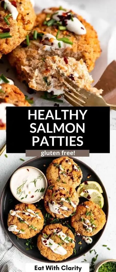 These air fryer salmon patties are crispy, easy and full of flavor. These healthy salmon cakes are naturally gluten free, dairy free and perfect on top of salads, with crackers or as a salmon burger! Low Calorie Salmon Patties, Salmon Patties Air Fryer, Healthy Salmon Patties, Air Fryer Salmon Patties, Healthy Salmon Cakes, Healthy Salmon Burgers, Detox Meals, Baked Fish Tacos, Salmon Burger Recipe