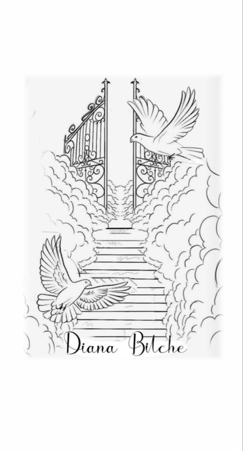 Stair Case To Heaven Tattoo, Heaven Gates Tattoo Stencil, Stairway To Heaven Back Tattoo, Stairway To Heaven Tattoo Stencil, Gates Of Heaven Drawing, Heavens Gates Tattoo Design, Stairway To Heaven Tattoo Design, Gates Of Heaven Tattoo, Stairs To Heaven Tattoo