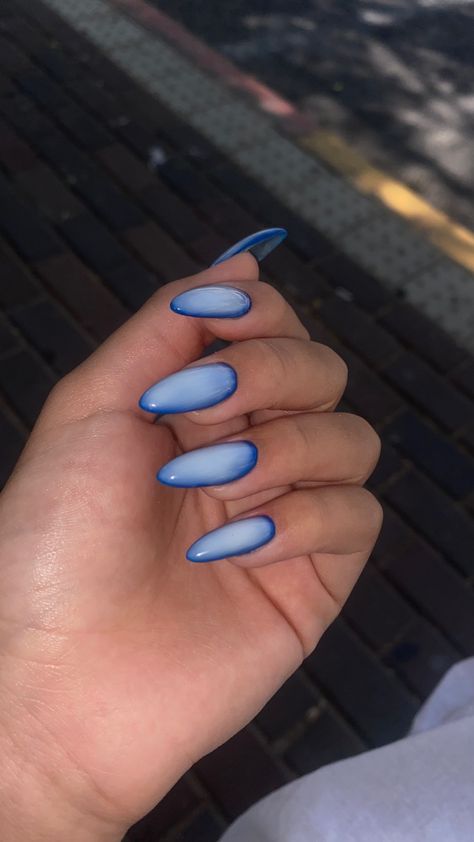 Blue Airbrush Nails, Royal Blue Almond Nails, Blue Nails Almond, Blue White Nails, Nails Airbrush, Blue And White Nails, Blue Glitter Nails, Airbrush Nails, Blue Acrylic Nails