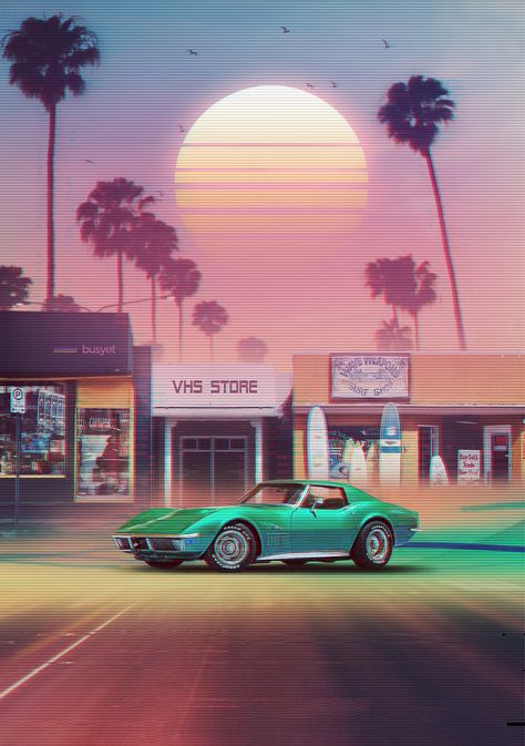 Synthwave Sunset Drive by Denny Busyet Future Nostalgia Aesthetic, Retro Future Aesthetic, 1980 Aesthetic, Denny Busyet, Synthwave Sunset, 80s Illustration, 80s Sunset, 80s Background, 80s California