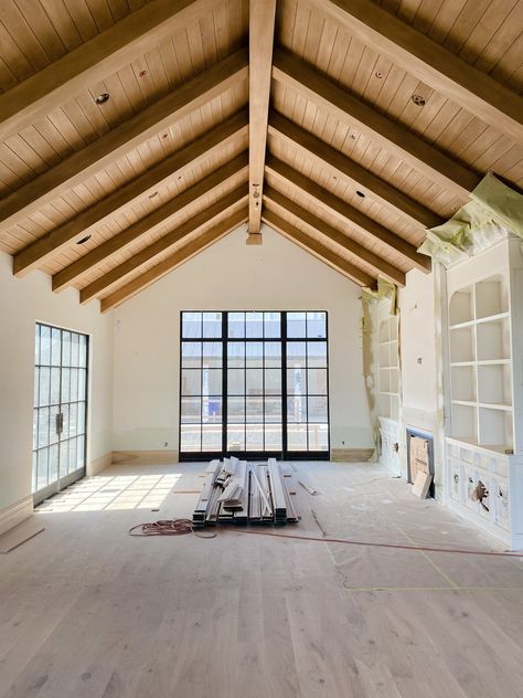 Wood Pitched Ceiling, Wood Ceiling With Wood Beams, Studio Mcgee Wood Ceiling, A Frame Wood Ceiling, Vaulted Beam Ceiling, Barn Ceiling Ideas, Modern California Home, California Design Interior, Cabin In Woods