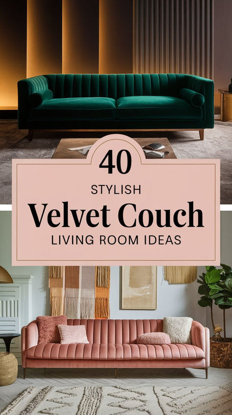 Transform your living room with a velvet couch that brings in rich textures and timeless elegance. Whether you prefer bold colors or subtle shades, these ideas make it easy to create a cozy yet chic vibe. #LivingRoomDecor #VelvetFurniture #HomeInspiration Jewel Tone Velvet Couch, Purple Velvet Sofa Living Rooms, Velour Sofa Living Rooms, Hunter Green Sofa Living Room Ideas, Gray Velvet Sofa Living Room Ideas, Dark Color Sofa Living Room, Mauve Couch Living Room Ideas, Purple Velvet Couch Living Room Ideas, Velvet Couches Living Room