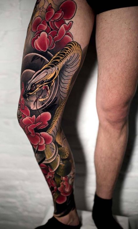 100+ Neo-traditional Tattoos: Main Themes, Designs & Artists Traditional Back Tattoo, Traditional Japanese Tattoo Flash, Traditional Snake Tattoo, Japanese Leg Tattoo, Tattoo Pierna, Japanese Snake Tattoo, Backpiece Tattoo, Traditional Tattoo Inspiration, Medieval Drawings