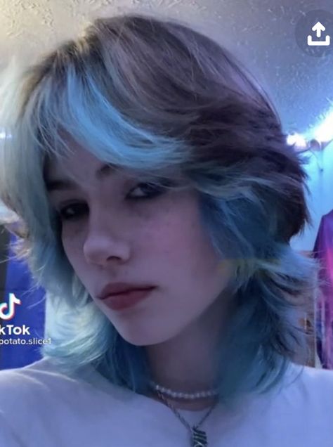 Short Hair Color Ideas Blue, Blue Hair Layers, Purple Hair Highlights Short, Blue Wolfcut Hair, Light Blue Wolfcut, Blue Wolfcut, Blue Hair Wolf Cut, Short Fluffy Blue Hair, Blue Hair Short