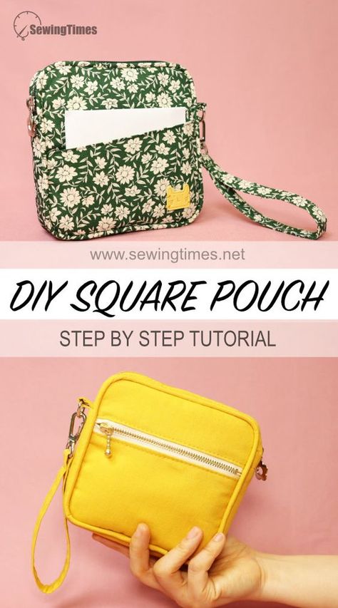 DIY Square Strap Pouch 📌 Piping Application Sewing Tutorial! Sewing Pouches And Bags Diy Tutorial, Square Pouch Pattern, Sew Pouch With Zipper, Square Pouch Sewing Pattern, Sewing Pouch Pattern, Sewingtimes Tutorials, Diy Fabric Pouches, Square Zipper Pouch, Sewing Times