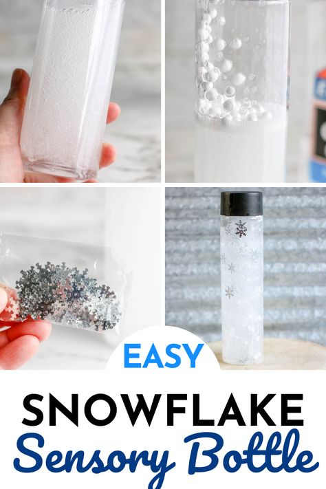 Make A Sensory Bottle, Bottle Sensory, Snow Sensory, Sensory Bottles For Toddlers, Sensory Bottles Preschool, Sensory Snow, Easy Snowflake, Diy Sensory Toys, Calm Down Jar