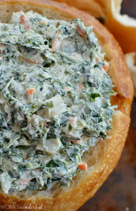 Spinach Dip Recipe Lightened Up : A healthy version of the favorite appetizer Spinach Dip Recipe, Healthy Version, Bread Bowl, Water Chestnuts, Spinach Dip, Artichoke Dip, Favorite Appetizers, Spinach Artichoke, Yummy Dips