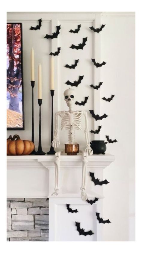 Fireplace Mantel Halloween Decor, Bat Mantle Decor, Bats Out Of Fireplace, Bat Fireplace Decor, Bats Over Fireplace, Bats On Fireplace Halloween, Decorate With Skeletons, Mantel Halloween Decorations, Year Round Spooky Home Decor