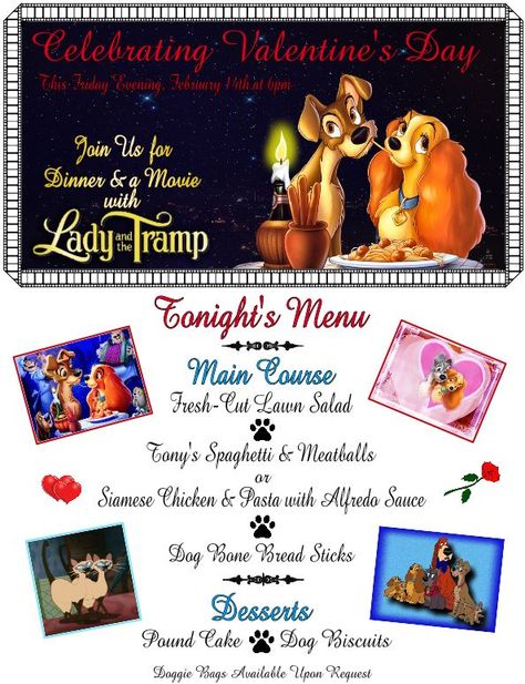 Dinner & a Movie with Lady and the Tramp Menu & Dessert Items Movie Meals, Disney Movie Themed Dinner, Disney Nights, Vegan Table, Disney Movie Night Menu, Fiction Food, Movie Recipes, Themed Meals, Disney Themed Movie Night