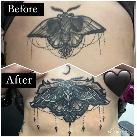 Black and gray moth underboob / sternum tattoo coverup - before and after results. Sternum Moth Tattoo, Underboob Sternum Tattoo, Moth Underboob Tattoo, Tattoo Coverup, Underboob Tattoo, Moth Tattoo, Sternum Tattoo, Tattoo Cover-up, Cover Up Tattoo