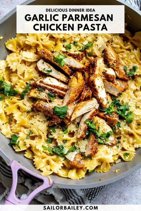 Enjoy the rich flavors of Garlic Parmesan Chicken Pasta with this easy one-pot recipe. Creamy, savory, and perfect for a comforting dinner! via @sailor_bailey Healthy Garlic Chicken Pasta, Meal Prep Chicken Pasta, Grilled Chicken Pasta Recipes Healthy, Garlic And Herb Chicken Pasta, Non Creamy Pasta Recipes, One Pot Chicken Recipes For Dinner, Chicken Pasta Recipes No Cream, Summer Chicken Pasta Recipes, Chicken Linguini Pasta Recipes