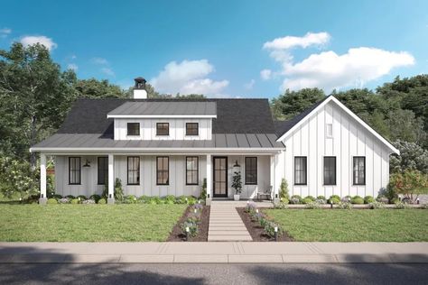 Elegant Modern Farmhouse Plan with Side Entry Garage Small Modern Farmhouse Plans, House Dimensions, Guest Cabin, Farmhouse Style House Plans, Roof Trusses, Country Lifestyle, Island With Seating, Farmhouse Plan, Unfinished Basement