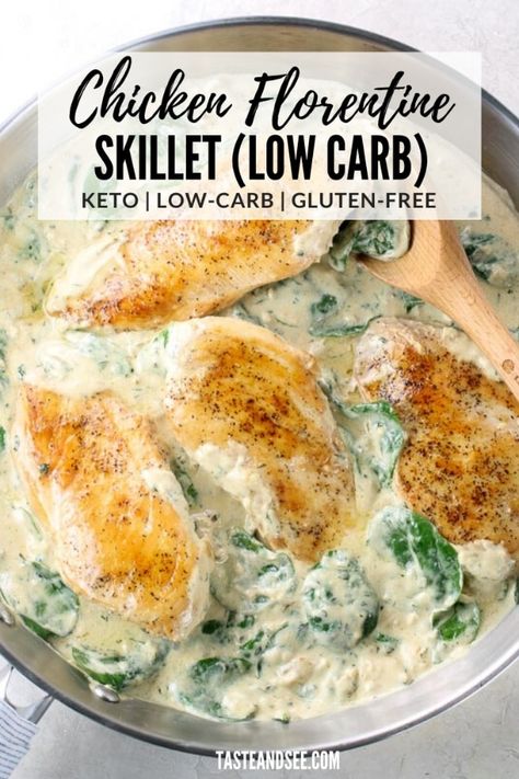 This 30-minute Chicken Florentine Skillet is loaded with so much creaminess and delicious flavor, plus it's low-carb, keto friendly, and gluten free!    Perfectly sautéed chicken breasts nestled in a creamy cheesy wine sauce with fresh spinach.  #TasteAndSee Chicken Spinach Healthy, Healthy Chicken Florentine Recipe, Keto Chicken And Spinach Recipes Easy, Chicken And Spinach Keto Recipes, Keto With Spinach, Keto Fresh Spinach Recipes, Low Carb Recipes With Spinach, Spinach With Chicken Recipes, Healthy Chicken Florentine