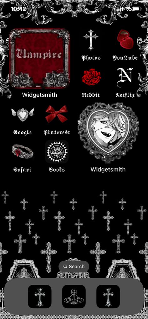 Gothic Homescreen Layout, Vkei Phone Layout, Goth Ios Layout, Ios Dark Wallpaper, Gothic Iphone Layout, Gothic Phone Layout, Gothic Home Screen, Vampire Homescreen, Goth Home Screen