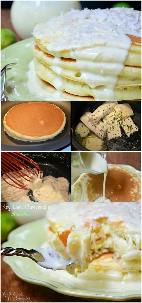 Key Lime Cheesecake Pancakes are made with soft buttermilk pancakes infused with key limes and topped with a simple homemade key lime cheesecake sauce. #pancakes #keylime #sauce #topping #coconut #buttermilkpancakes Key Lime Waffles, Key Lime Pancakes, Lime Pancakes, Cheesecake Sauce, Key Lime Sauce, Homemade Buttermilk Pancakes, Key Lime Recipes, Cheesecake Pancakes, Key Lime Desserts