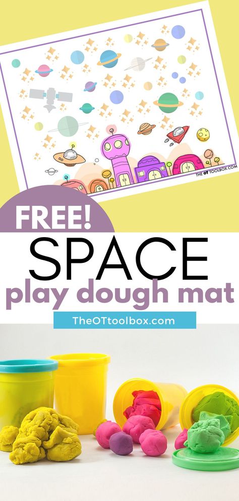 This free play dough mat is a free play dough mat with a space theme. Use this space play dough mat to help kids work on fine motor skills and hand strength. Print and play! Space Themed Occupational Therapy Activities, Outerspace Preschool Fine Motor, Outer Space Gross Motor Preschool, Space Playdough Mats, Printable Play Doh Mats, Eye Hand Coordination Activities, Space Games For Kids, Space Activities Preschool, Outer Space Activities