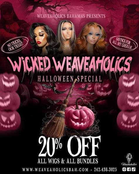 🎃👻 Get spooky and slay this Halloween with Weaveholics! 👻🎃 Check out this flyer design, bringing all the glam and eerie vibes for the ultimate Halloween hair sale! Ready to treat yourself? 💇🏽‍♀️🎀 Swipe to see the details and get ready to slay the season with their special promo! 🕸️💖 Let’s Work ⬇️ 📲 (242) 8105366 📧7designstudio@graphic-designer.com 🌐www.s7vendesignstudio.com . . . . . #halloweenpromo #weaveaholics #spookyglam #graphicdesigner #graphicdesign #flyerdesign #hairflyer Artist Logo, Halloween Hair, Hair Sale, Flyer Design, Treat Yourself, Graphic Designer, The Details, Wicked, Get Ready