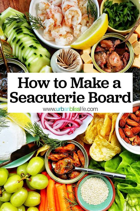 A Seacuterie Board, or seafood board, is the popular viral answer to seafood lovers' charcuterie boards! Perfect for parties and holidays. Recipe at UrbanBlissLife.com. Seafood Board, Small Appetizers, Mini Appetizers, Seafood Platter, Party Appetizers Easy, Charcuterie Inspiration, Beach Meals, Charcuterie Recipes, Party Food And Drinks