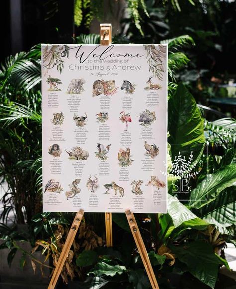 Animal Seating Chart, Outdoor Wedding Seating, Underwater Wedding, Boho Safari, Wedding Seating Plan, Safari Wedding, Find Your Seat, Zoo Wedding, Tropical Animals