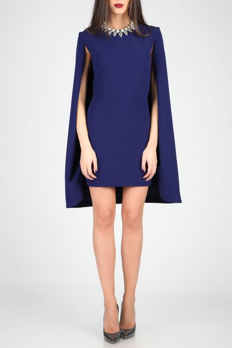 Carla by Rozarancio - Short Cape Dress in Royal Blue Blue Dress With Cape, Long Skirt And Crop Top, Georgette Long Dress, Crop Top Palazzo, Cape Dresses, Dress With Cape, Blue Cape, Simple Gowns, Chiffon Dress Long