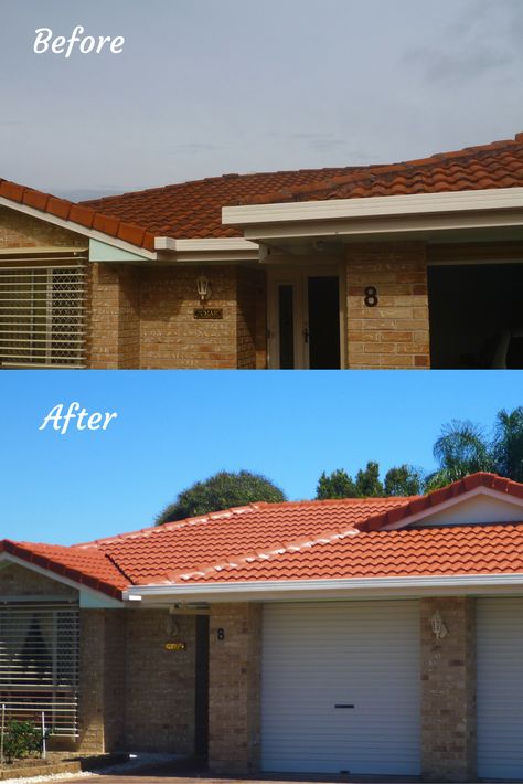 Roof painting - before and after photos. Servicing: Brisbane South, Brisbane North, Logan, Caboolture, Bayside, Redlands. Roof Renovation Before And After, Roof Painting, Roof Renovation, Old Photo Restoration, Roof Restoration, Roof Paint, Tile Roof, Photo Restoration, Restoration Services