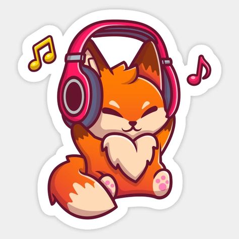 Cute Fox Listening Music With Headphone - Fox - Sticker | TeePublic AU Fox Stickers, Cute Headphones, Listening Music, Fox Drawing, Paper Background Design, Music Stickers, Fox Design, Fox Art, Cute Fox