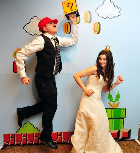 561673_10151590197622741_1580139226_n Super Mario Wedding, Mario Wedding, Stratford Connecticut, Diy Wedding Photo Booth, Diy Photo Booth Backdrop, Video Game Wedding, Animation Photo, Gamer Wedding, Nerd Wedding