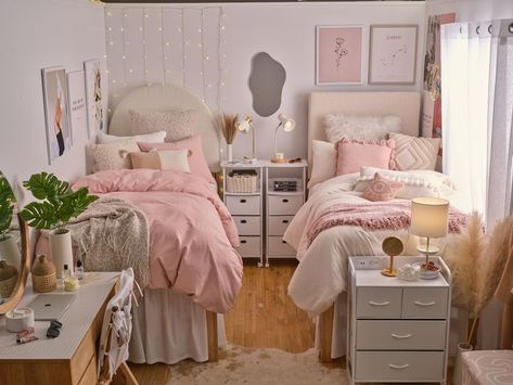 Pink White Grey Dorm Room, Girls Dorm Room Aesthetic, Pink And Cream Dorm Room, Soft Pink Aesthetic Bedroom, Pink Dorm Room Aesthetic Minimalist, Pink And White Dorm Room Aesthetic, Dorm Room Asthetics Pink, Teen Sisters Bedroom Ideas Shared Rooms, Light Pink And Grey Dorm Room