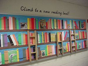 Bookshelf bulletin board Librarian Ideas, School Library Bulletin Boards, Reading Display, School Library Displays, Library Bulletin Board, Reading Bulletin Boards, Accelerated Reader, Library Book Displays, Class Library