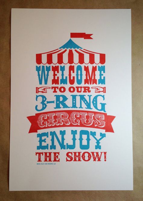 3 Ring Circus Letterpress Art Print by Jilly Jack Designs 3 Ring Circus Birthday Party, Three Ring Circus Birthday Party, Cheer Painting, Homestead Nursery, Circus Theme Decorations, Three Ring Circus, Circus Wall Art, Letterpress Art, Letterpress Art Print