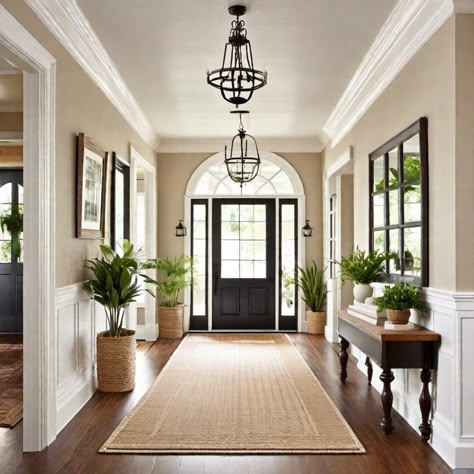 Bright entryway featuring a black front door, large windows, potted plants, and a wooden bench. Home Interior Design Traditional, Beautiful Colonial Homes, Old Traditional House Interior, House Design Classic Modern, Colonial House Decor Interior, New Classic Home Design, Stunning Homes Interiors, Colonial Townhouse Interior Design, Classic Colonial Kitchen