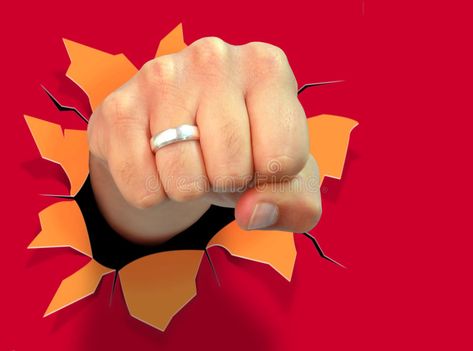 Punch. Composite image of fist punching a red paper wall, producing a hole , #AD, #fist, #punching, #image, #Punch, #Composite #ad Red Paper, Composition, Abstract Design, Stock Images, Design